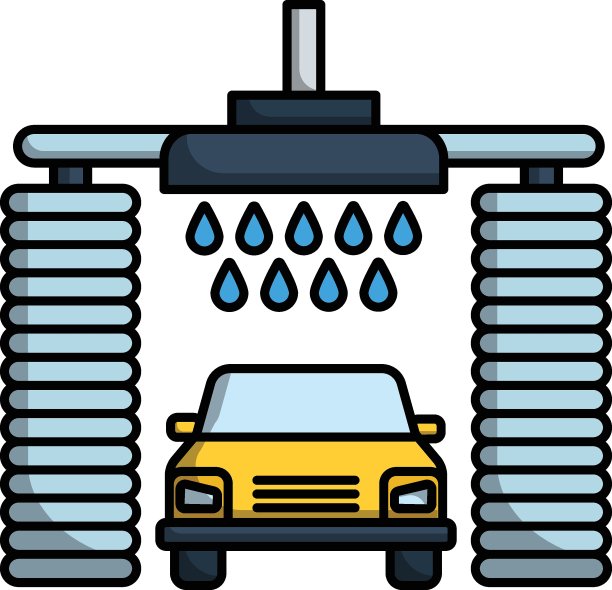 自动洗车服务概念矢量颜色图标设计，洗车机械输送设备，白色背景covid洗车服务标志，车辆消毒标志，图片下载