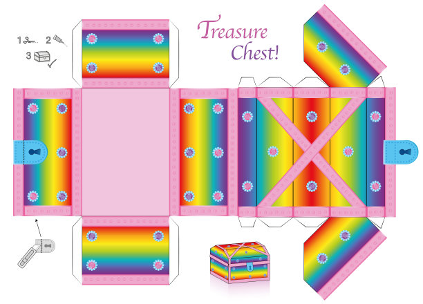 宝箱模板。彩虹色纸模型。剪下来，折起来，粘在一起。有可以打开的盖子。装贵重物品、奢侈品、物品或小东西的彩色盒子。图片下载