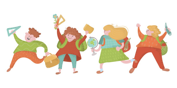 学校的时间。学生用背包拿着大文具。孩子们去上学。无缝的全景。有趣的卡通人物。矢量插图。在白色背景上隔离图片下载