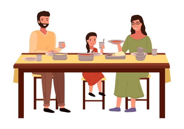 人们在家里吃印度菜。穿着民族服装的家庭被孤立在白色背景上图片下载