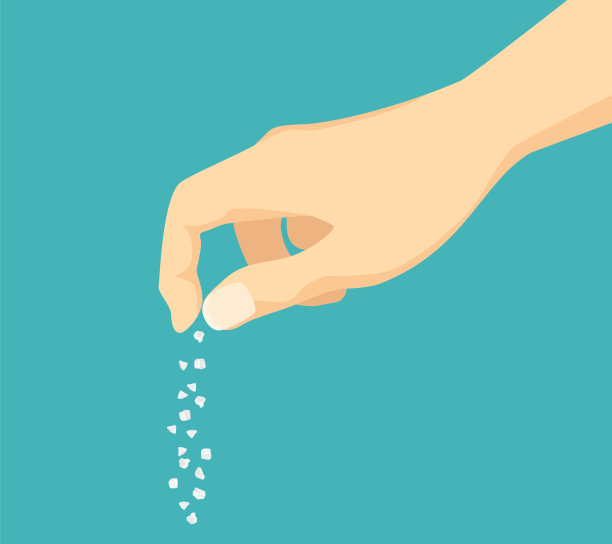 手盐的食物。撮盐。矢量插图在卡通平面风格。撒上香料。图片下载