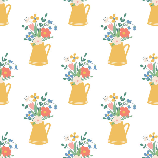 可爱美丽的花朵在一个黄色的罐子。白色背景上的平面风格矢量无缝模式。花卉装饰壁纸图片下载
