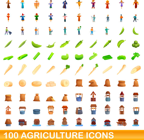 100个农业图标设置卡通风格图片下载