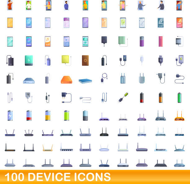 100个设备图标设置卡通风格图片下载