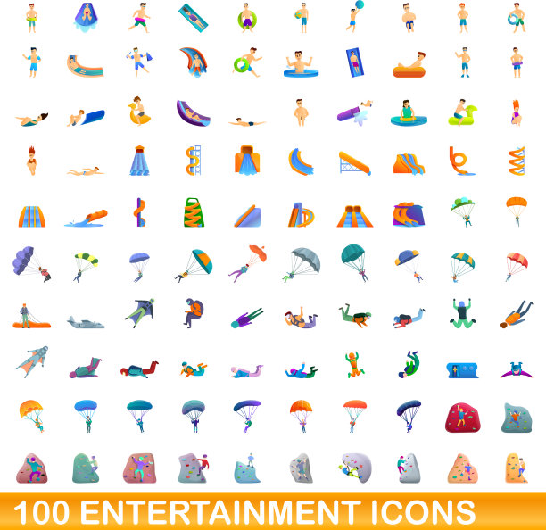 100个娱乐图标设置卡通风格图片下载