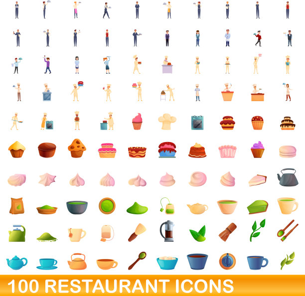 100家餐厅卡通风格的图标设置图片下载