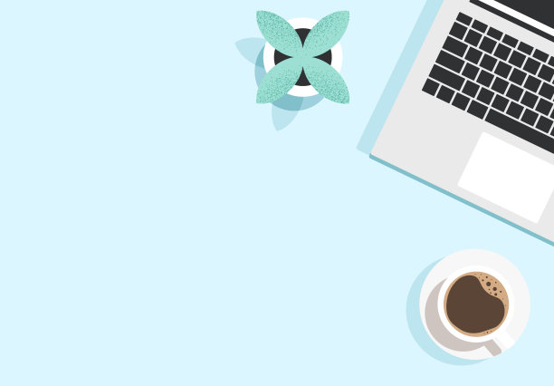 工作场所、工作空间、桌面。俯视图的工作桌上有笔记本电脑键盘，咖啡杯，花盆。电脑从上面的一个空桌子。图片下载