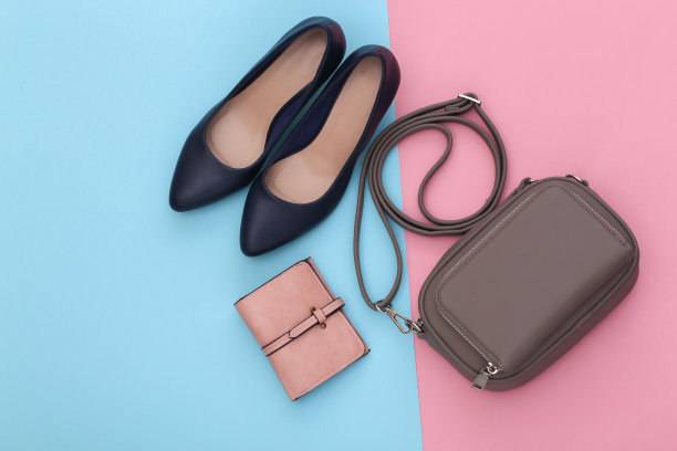 女士的时尚配件在粉红色的蓝色柔和的背景。前视图。图片下载