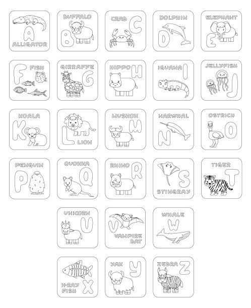 一套黑白ABC卡与图片。矢量大纲插图儿童学校教科书。鳄鱼、水牛、螃蟹、海豚、鱼、长颈鹿、河马、考拉、狮子、麝牛、鸵鸟、企鹅、犀牛鲸鱼图片下载