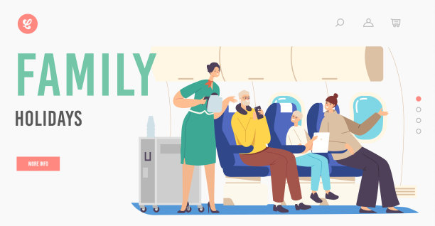 家庭假日登陆页面模板。在飞机上为乘客服务的空乘人员。穿制服的空姐拿茶壶图片下载