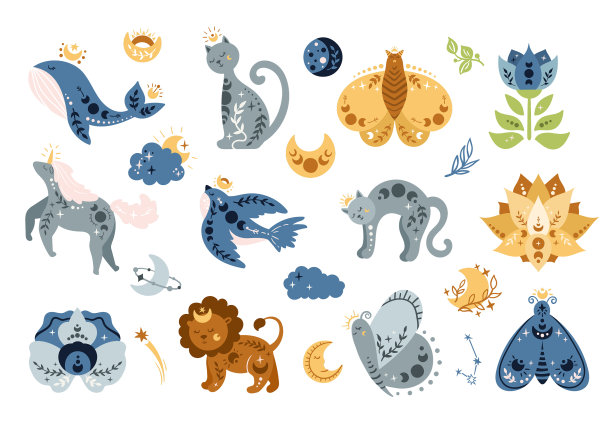 卡通天上的动物和鸟孤立的孩子图片下载