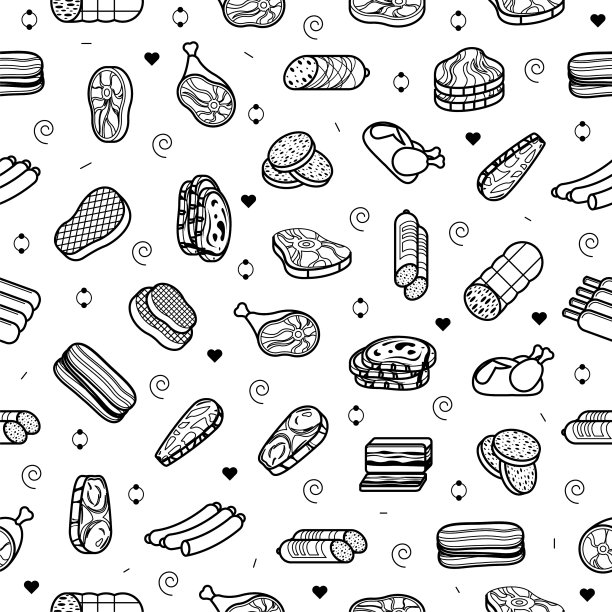 抽象涂鸦无缝图案，手绘肉贩食品元素。矢量设计风格的背景插图图标图片下载