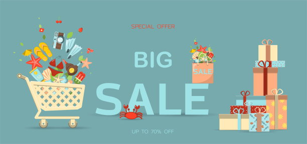 矢量横幅夏季销售。折扣季节的明快而平淡的插图。广告模板。炎热的夏季销售印刷图片下载