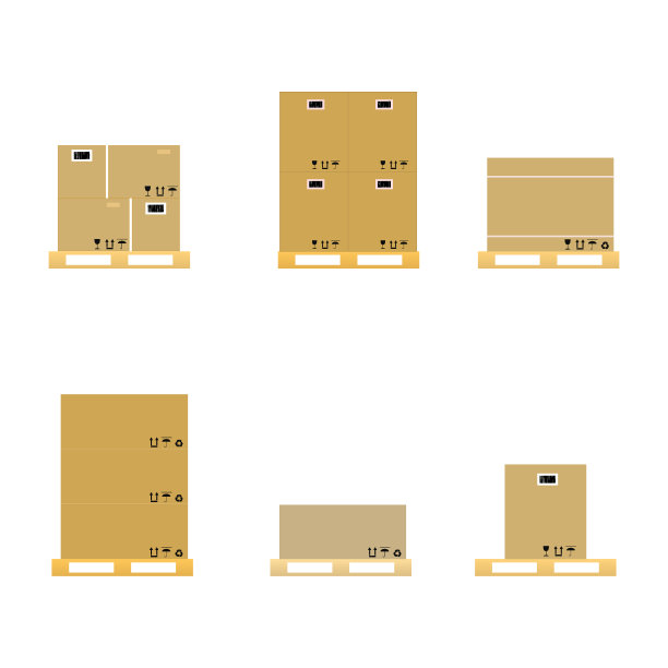 一套木托盘和纸板箱。木托盘上的硬纸板箱。平面设计。股票矢量插图在白色孤立的背景。图片下载