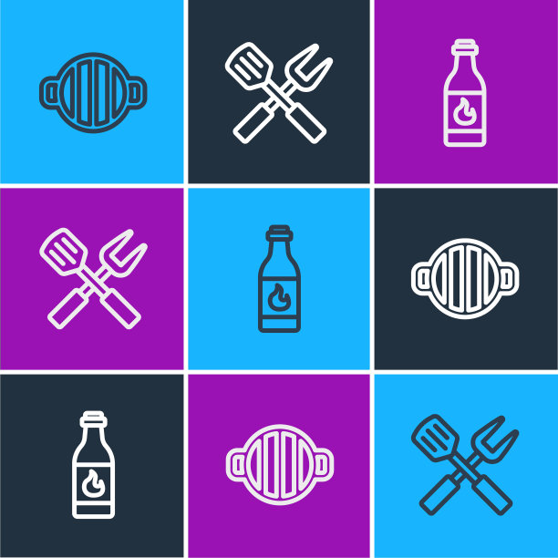 设置线烧烤架，塔巴斯科酱和交叉叉和抹刀图标。向量图片下载