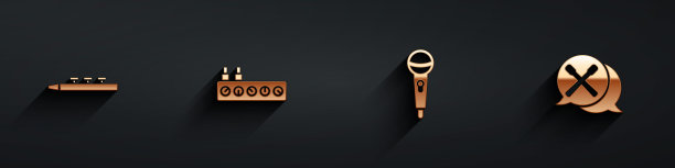 设置鼓和鼓棒，混音控制器，麦克风和图标与长影子。向量图片下载