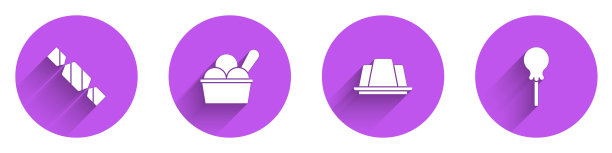 设置糖果，冰淇淋在碗，果冻蛋糕和棒棒糖图标与长阴影。向量图片下载