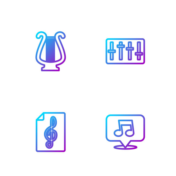 设置线音乐音符，音调，高音谱号，古七弦琴和混音控制器。渐变颜色图标。向量图片下载