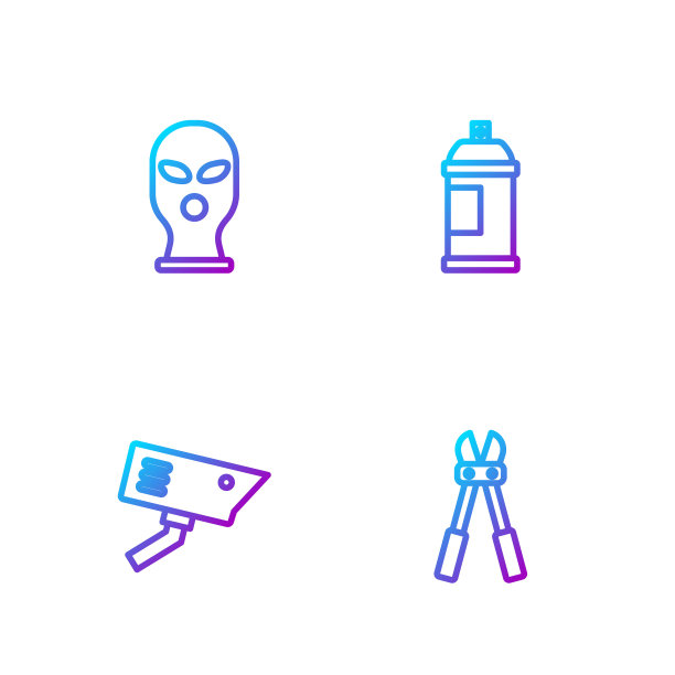 设有断线刀、安全摄像头、巴拉克拉瓦帽、喷漆罐等。渐变颜色图标。向量图片下载