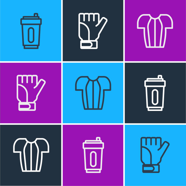 设置线运动瓶与水，自行车t恤和手套图标。向量图片下载