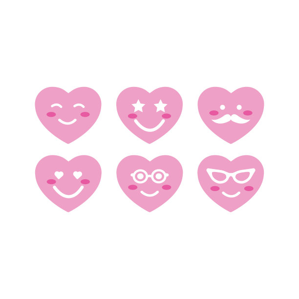 一套白底贴纸。卡通心形有眼睛和嘴。图片下载