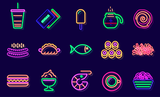 街头小吃快餐饮料霓虹灯。快餐店，汉堡店或披萨店设计。发光的招牌。向量。图片下载