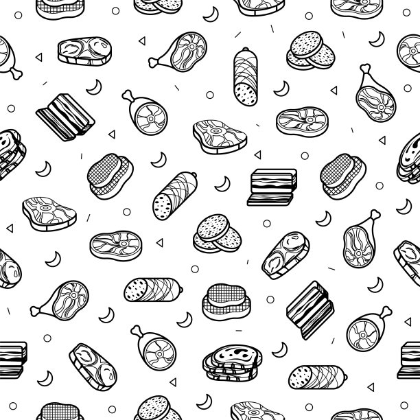 抽象涂鸦无缝图案，手绘肉贩食品元素。矢量设计风格的背景插图图标图片下载