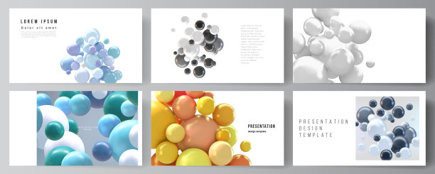 矢量布局的演示幻灯片设计业务模板，多用途的演示手册模板，报表。现实的矢量背景与多色的3d球体，气泡，球。图片下载