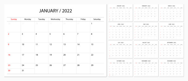 日历2022周开始周日企业设计规划师模板。图片下载