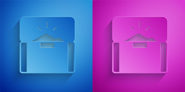 剪纸古董宝箱图标孤立在蓝色和紫色的背景。古董木箱与黄金硬币。纸艺术风格。向量图片下载