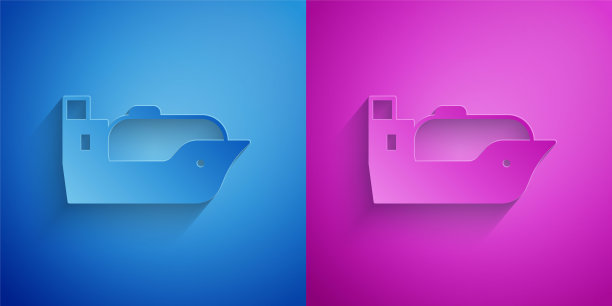 剪纸油船图标孤立在蓝色和紫色的背景。纸艺术风格。向量图片下载