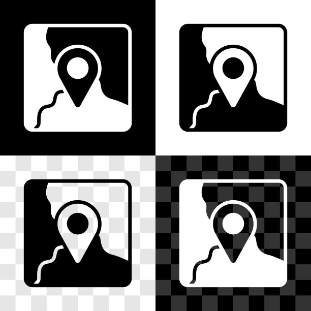 设置折叠地图与位置标记图标隔离在黑色和白色，透明的背景。向量图片下载