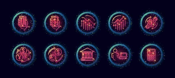 1个矢量图标中有10个与金钱交易主题相关。线条艺术矢量图标在几何霓虹辉光样式与粒子图片下载