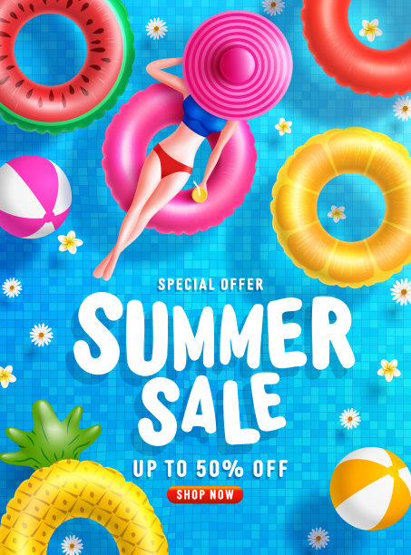 夏季销售海报和旗帜模板与妇女在圆形水池浮在瓷砖池的背景。销售旗帜设计夏天在平坦lay造型。夏季和游泳池的促销和购物模板图片下载