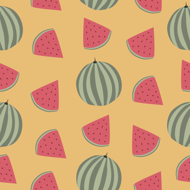 多汁的西瓜和西瓜片在黄色的背景。水果无缝模式。图片下载