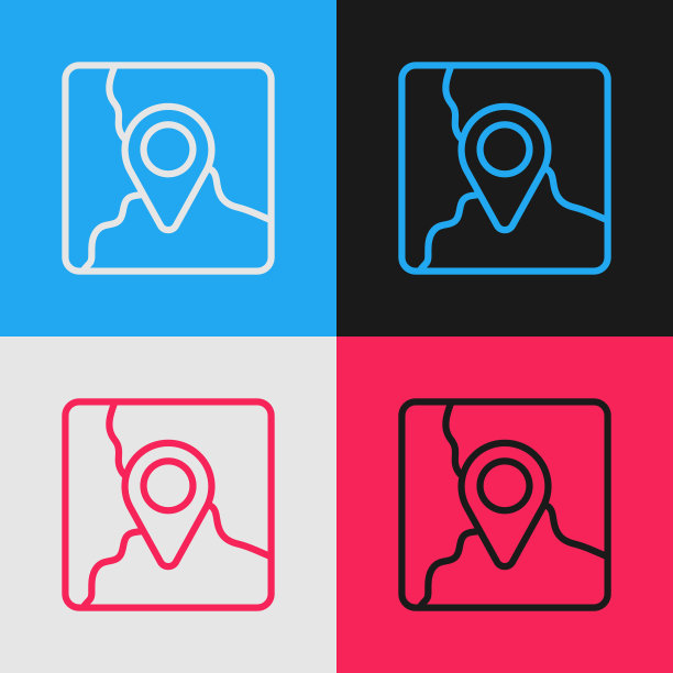 波普艺术线折叠地图与位置标记图标孤立的颜色背景。向量图片下载