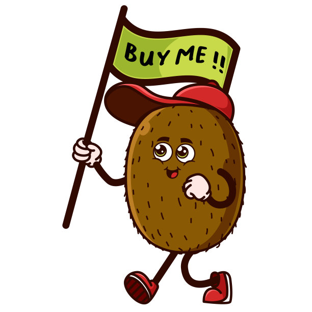 可爱的猕猴桃角色与快乐的脸和手势指向上。水果角色图标概念孤立。Emoji贴纸。平面卡通风格图片下载