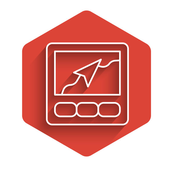 白线Gps设备与地图图标隔离与长阴影背景。红色的六角按钮。向量图片下载