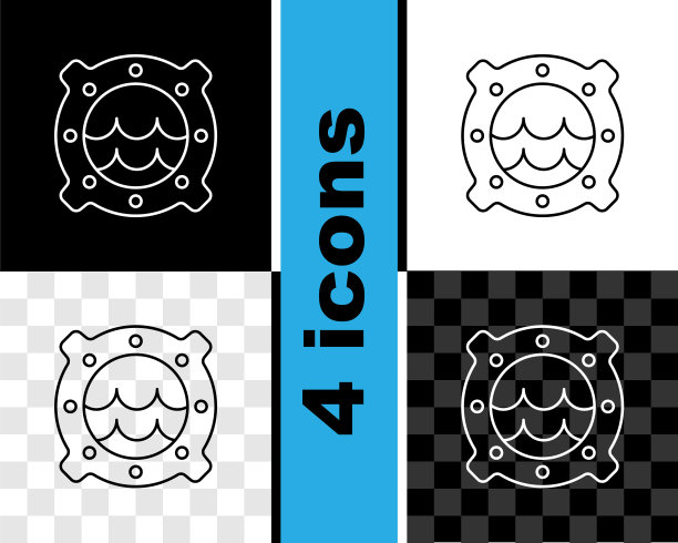 设置线船舷窗与铆钉和海景外部图标孤立在黑白，透明的背景。向量图片下载