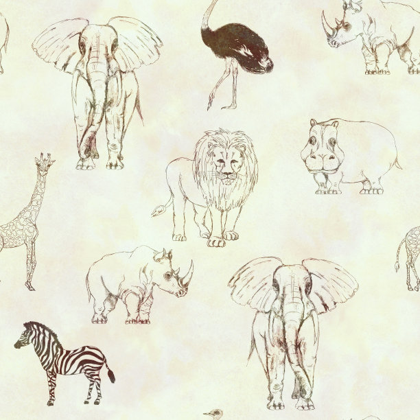 野生动物印花复古风格装饰无缝黑白单色着色图案图片下载