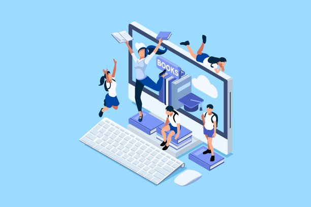 网络学习和寻找教育或文凭的概念。在课堂上用作业学习，在课桌上用书本和笔记本电脑学习，在家学习的概念。平面向量插图图片下载