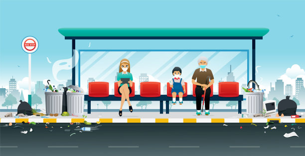 公交车站的垃圾堆图片下载