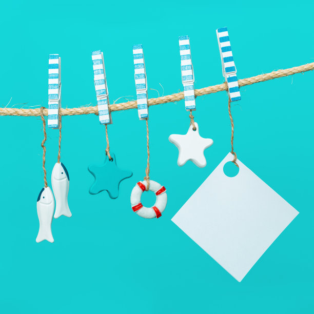 夏季作品，用海洋物品悬挂。海上玩具生命线、海星和小鱼图片下载