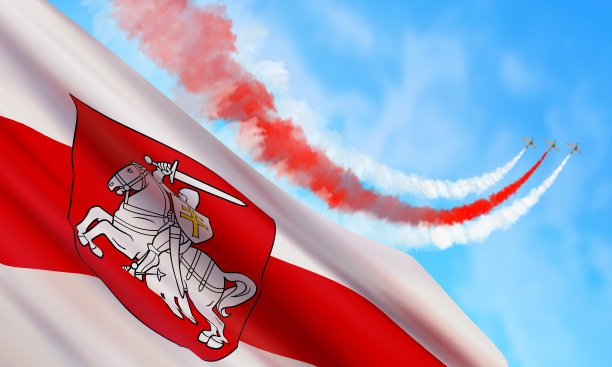 矢量插图与旗帜，飞机，颜色的非官方旗帜的白俄罗斯孤立在天空的背景。图片下载