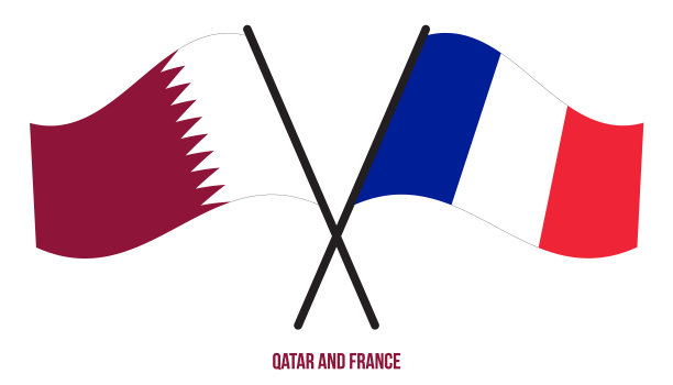 卡塔尔和法国的国旗交叉飘扬图片下载