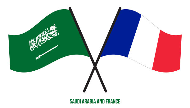沙特阿拉伯和法国的国旗交叉挥舞图片下载