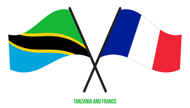 坦桑尼亚和法国的国旗交叉飘扬图片下载