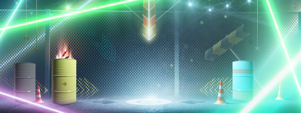 空的背景场景。在黑暗中发出氖光。街的背景。火在金属桶里。路锥图片下载