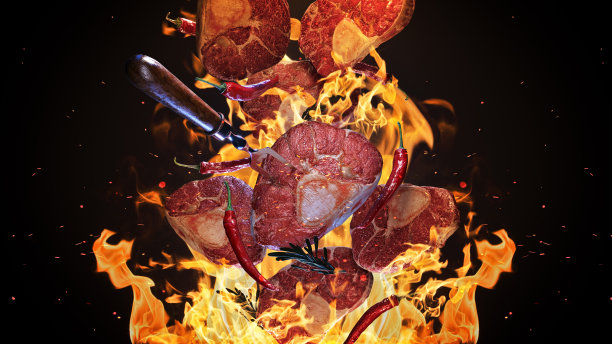 烤肉架上飞飞的肉块。三维渲染图片下载