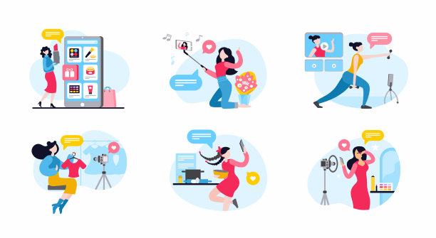 矢量平面组女性博主和视频博主制作内容图片下载